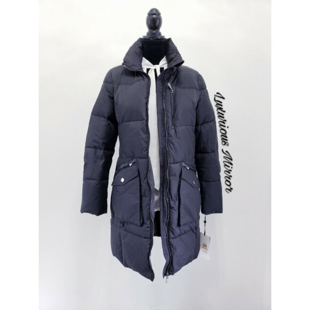 DKNY Puffer Parka Peacoat Jacket Black Midi Slim Full Zip Pockets Women's Sz S